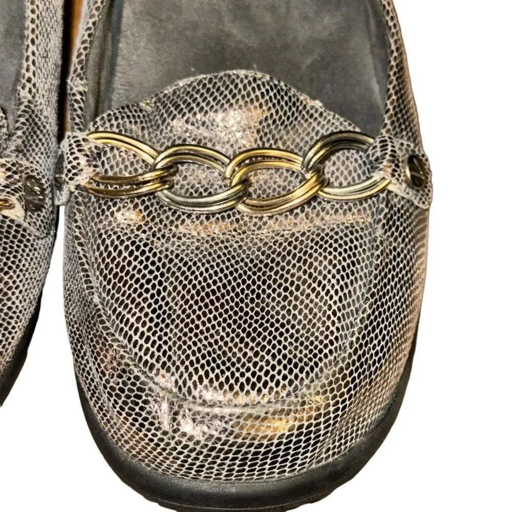 Vionic Alda Loafers Women's 6.5 Silver Snake Embossed Leather Chain Slip On Shoe